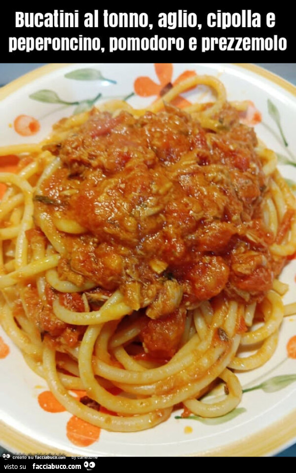Bucatini al tonno, aglio, cipolla e peperoncino, pomodoro e prezzemolo