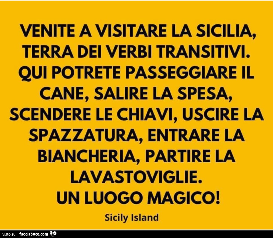 Venite a visitare la sicilia, terra dei verbi transitivi. Qui potrete passeggiare il cane, salire la spesa, scendere le chiavi, uscire la spazzatura, entrare la biancheria, partire la lavastoviglie. Un luogo magico