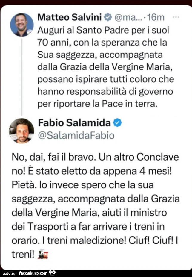 Auguri al santo padre per i suoi 70 anni, con la speranza che la sua saggezza, accompagnata dalla grazia della vergine maria, possano ispirare tutti coloro che hanno responsabilitร di governo per riportare la pace in terra. No, dai, fai il bravo. Un altro