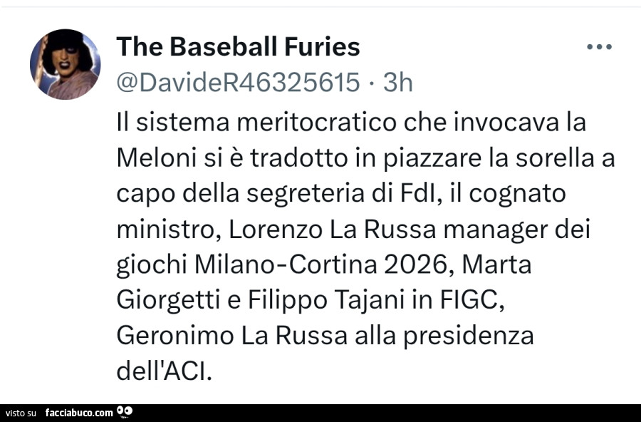 Il sistema meritocratico che invocava la meloni si è tradotto in piazzare la sorella a capo della segreteria di fdl, il cognato ministro, lorenzo la russa manager dei giochi milano-cortina 2026