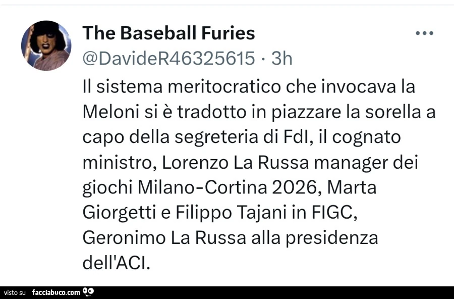 Il sistema meritocratico che invocava la meloni si è tradotto in piazzare la sorella a capo della segreteria di fdl, il cognato ministro, lorenzo la russa manager dei giochi milano-cortina 2026