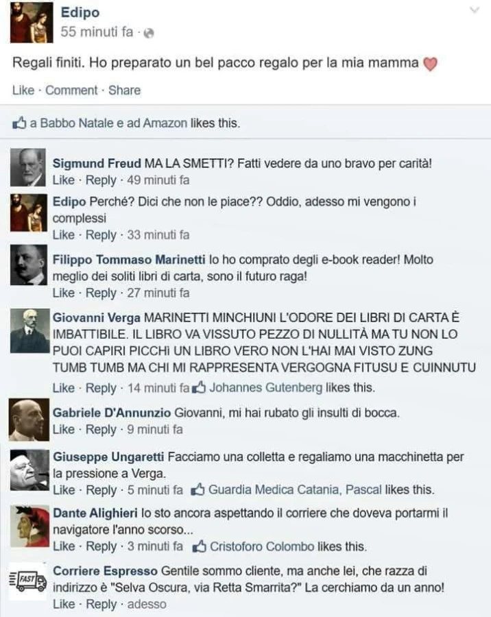 Regali finiti. Ho preparato un bel pacco regalo per la mia mamma. Sigmund Freud: ma la smetti? Fatti vedere da uno bravo per carità