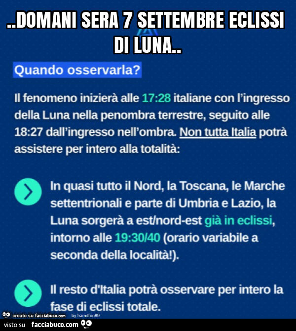 Domani sera 7 settembre eclissi di luna