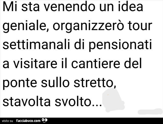Mi sta venendo un idea geniale, organizzerò tour settimanali di pensionati a visitare il cantiere del ponte sullo stretto, stavolta svolto