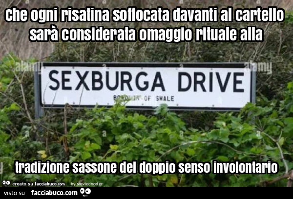Che ogni risatina soffocata davanti al cartello sarà considerata omaggio rituale alla tradizione sassone del doppio senso involontario