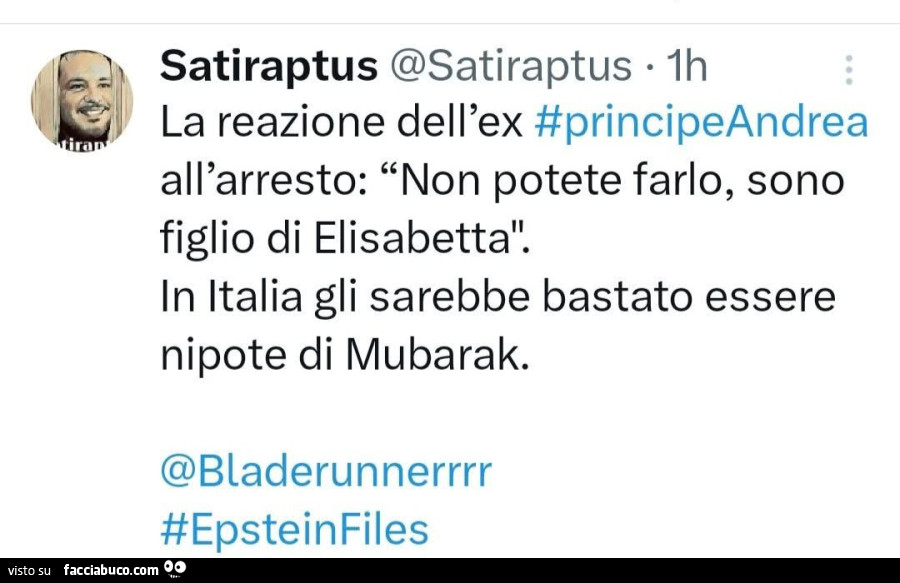 La reazione dell'ex principeandrea all'arresto: non potete farlo, sono figlio di elisabetta. In italia gli sarebbe bastato essere nipote di mubarak