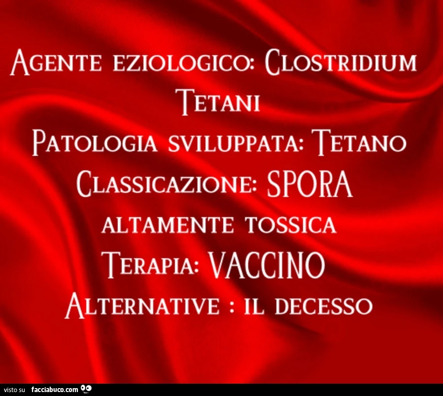 Agente eziologico: clostridium tetani patologia sviluppata: tetano classicazione: spora altamente tossica terapia: vaccino. Alternative: il decesso