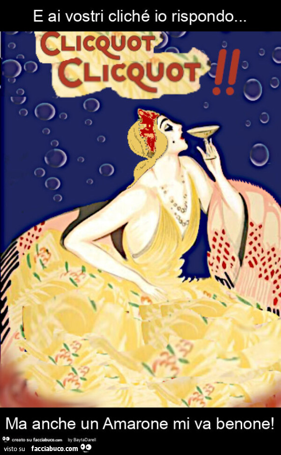 E ai vostri cliché io rispondo&hellip; ma anche un amarone mi va benone. Rielab. Copertina libro Assini Adriana. Lo champagne sono io