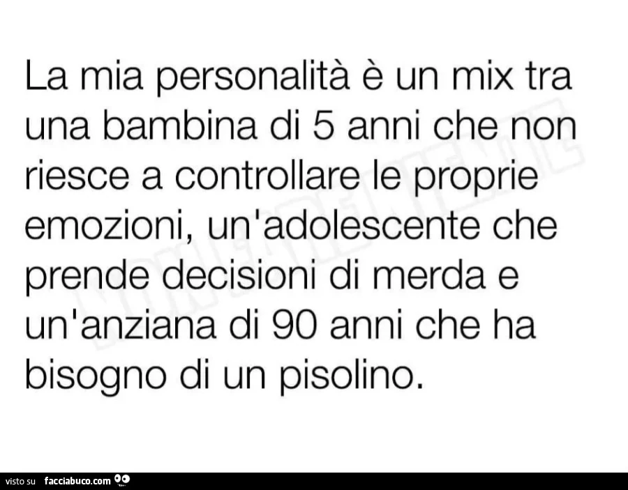 La mia personalità è un mix tra una bambina di 5 anni che non riesce a controllare le proprie emozioni, un'adolescente che prende decisioni di merda e un'anziana di 90 anni che ha bisogno di un pisolino