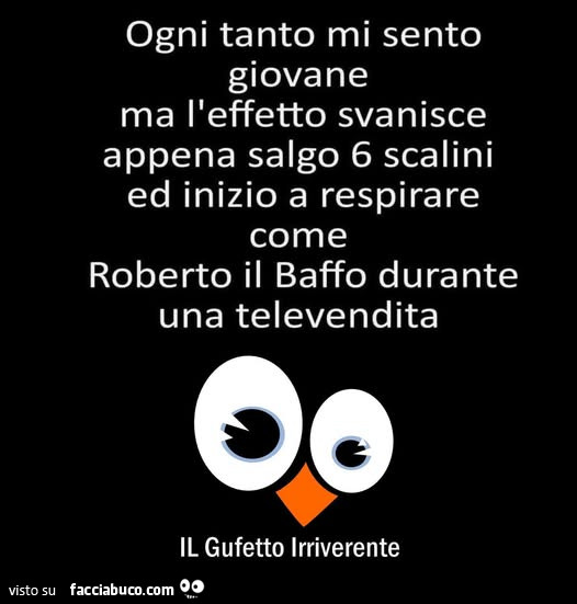 Ogni tanto mi sento giovane ma l'effetto svanisce appena salgo 6 scalini ed inizio a respirare come roberto il baffo durante una televendita