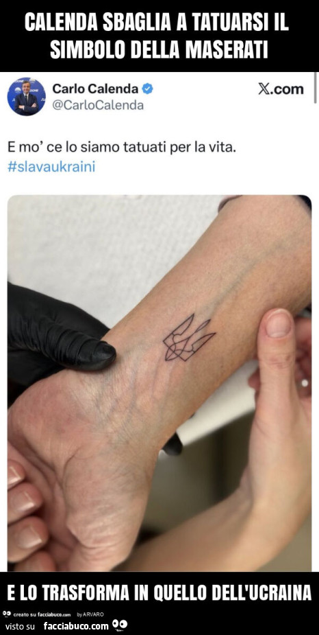 Calenda sbaglia a tatuarsi il simbolo della maserati e lo trasforma in quello dell'ucraina