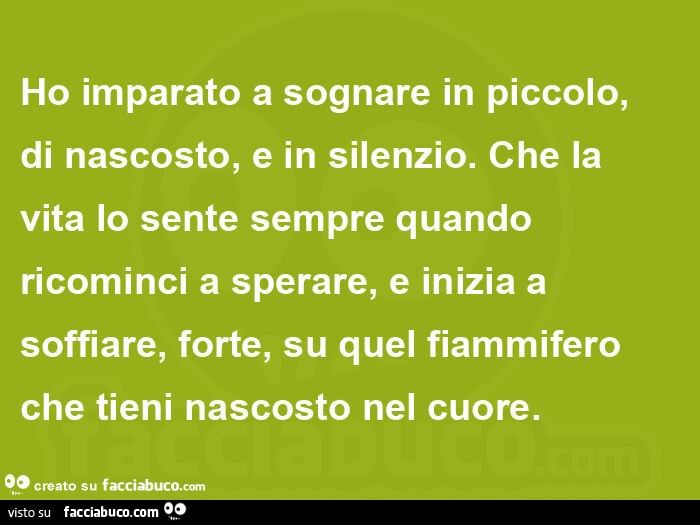Ho imparato a sognare in piccolo, di nascosto, e in silenzio. Che la vita lo sente sempre quando ricominci a sperare, e inizia a soffiare, forte, su quel fiammifero che tieni nascosto nel cuore