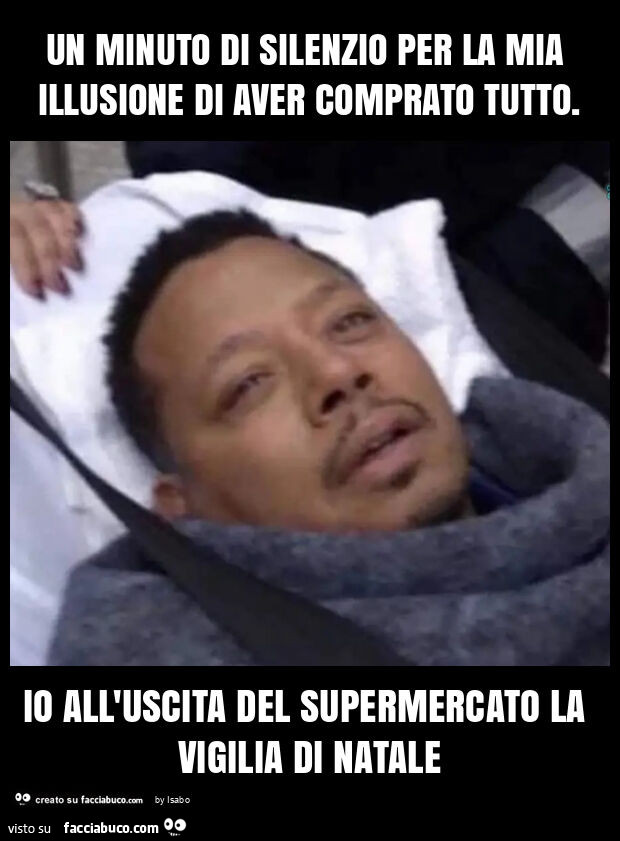 Un minuto di silenzio per la mia illusione di aver comprato tutto. Io all'uscita del supermercato la vigilia di natale