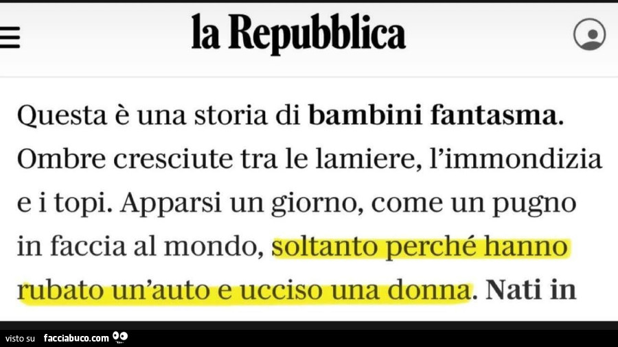 Questa è una storia di bambini fantasma. Ombre cresciute tra le lamiere, l'immondizia e i topi. Apparsi un giorno, come un pugno in faccia al mondo, soltanto perché hanno rubato un'auto e ucciso una donna
