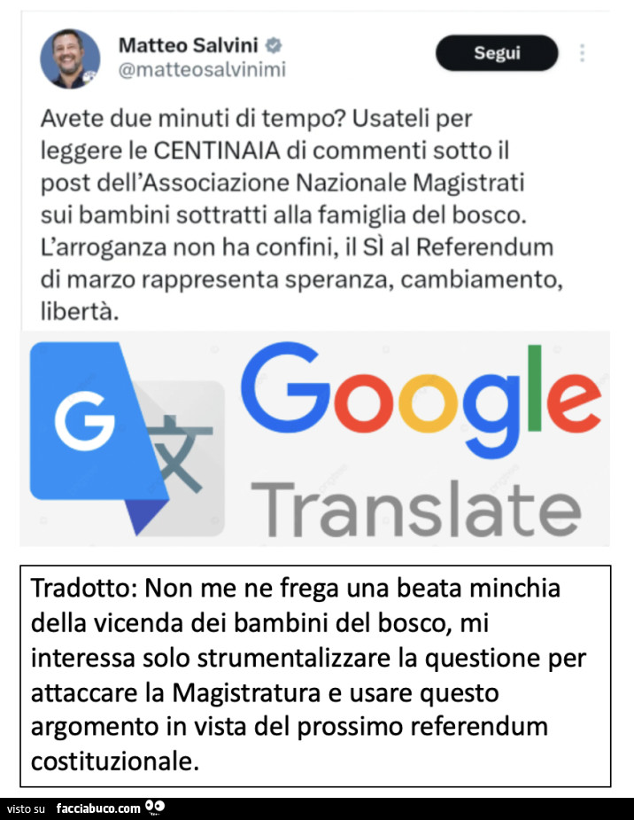 Matteo Salvini avete due minuti di tempo? Usateli per leggere le centinaia di commenti sotto il post dell'associazione nazionale magistrati sui bambini sottratti alla famiglia del bosco