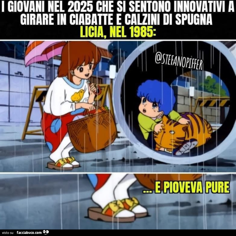 I giovani nel 2025 che si sentono innovativi a girare in ciabatte e calzini di spugna licia nel 1985 e pioveva pure cartoni animati