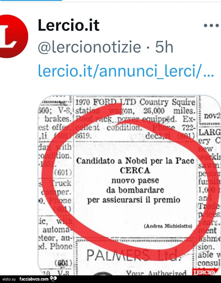 Candidato a Nobel per la Pace cerca nuovo paese da bombardare per assicurarsi il premio