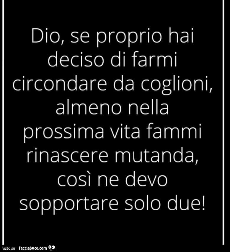 Dio, se proprio hai deciso di farmi circondare da coglioni, almeno nella prossima vita fammi rinascere mutanda, così ne devo sopportare solo due