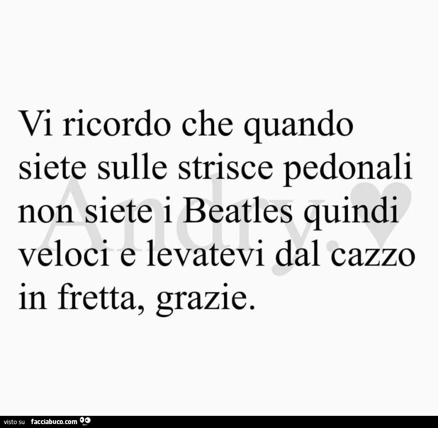 Vi ricordo che quando siete sulle strisce pedonali non siete i beatles quindi veloci e levatevi dal cazzo in fretta, grazie