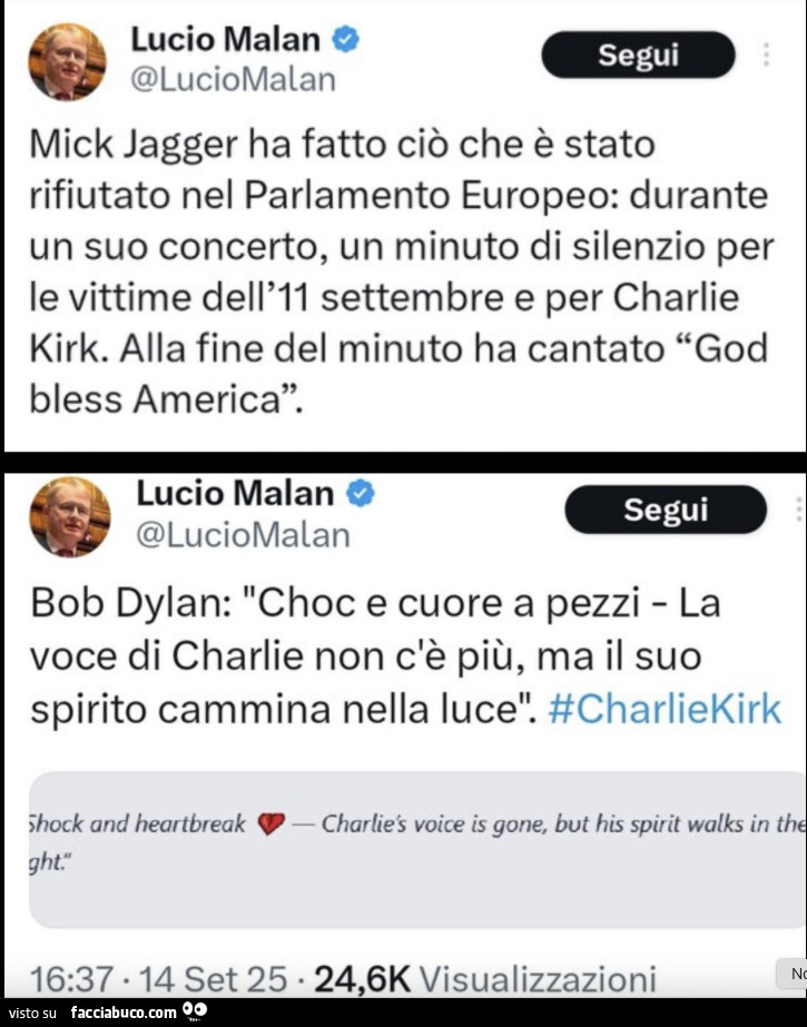 Mick jagger ha fatto ciò che è stato rifiutato nel parlamento europeo: durante un suo concerto, un minuto di silenzio per le vittime dell'il settembre e per charlie kirk