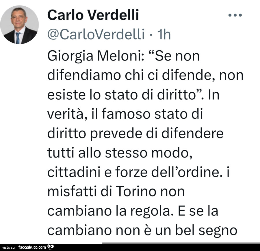 Giorgia Meloni: se non difendiamo chi ci difende, non esiste lo stato di diritto. In verità, il famoso stato di diritto prevede di difendere tutti allo stesso modo, cittadini e forze dell'ordine