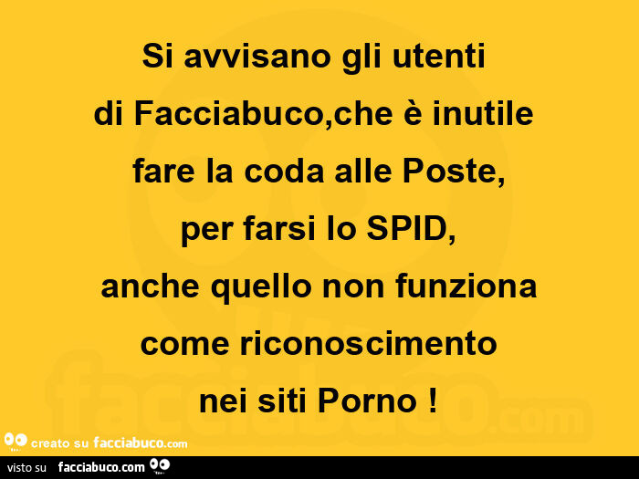 Si avvisano gli utenti di facciabuco, che è inutile fare la coda alle poste, per farsi lo spid, anche quello non funziona come riconoscimento nei siti porno