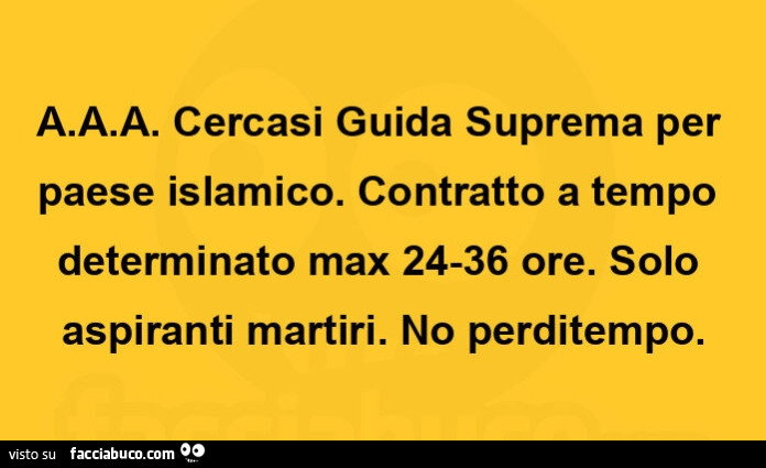 A. A. A. Cercasi guida suprema per paese islamico. Contratto a tempo determinato max 24-36 ore. Solo aspiranti martiri. No perditempo