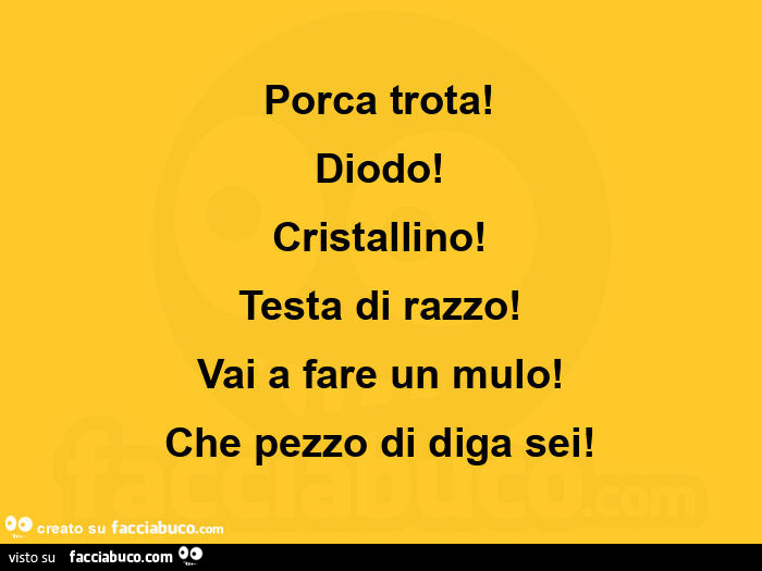 Porca trota! Diodo! Cristallino! Testa di razzo! Vai a fare un mulo! Che pezzo di diga sei