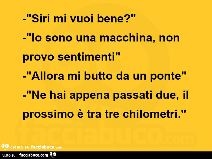 Siri mi vuoi bene? Io sono una macchina, non provo sentimenti. Allora mi butto da un ponte. Ne hai appena passati due, il prossimo è tra tre chilometri