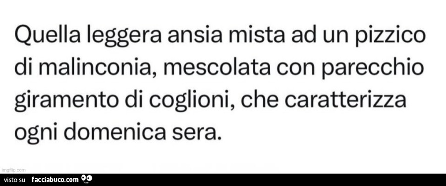Quella leggera ansia mista ad un pizzico di malinconia, mescolata con parecchio giramento di coglioni, che caratterizza ogni domenica sera