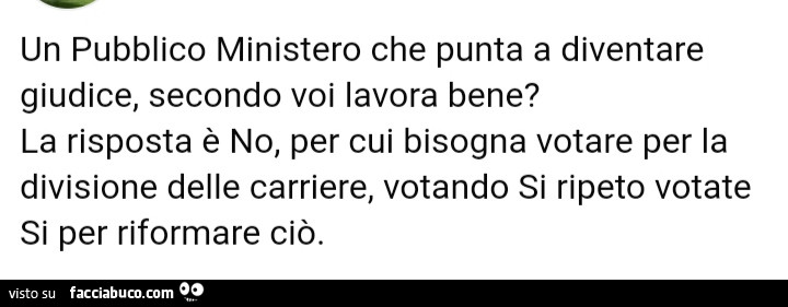 Un pubblico ministero che punta a diventare giudice, secondo voi lavora bene? La risposta è no, per cui bisogna votare per la divisione delle carriere, votando si ripeto votate si per riformare ciò