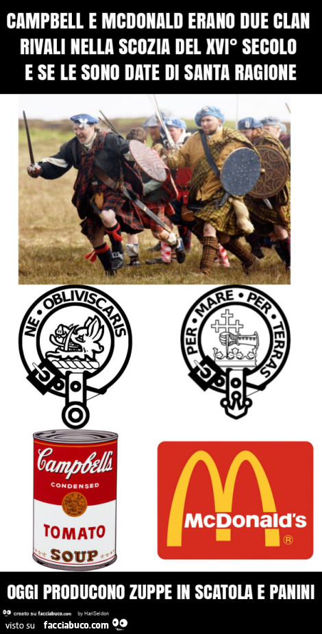 Campbell e mcdonald erano due clan rivali nella scozia del xvi° secolo e se le sono date di santa ragione oggi producono zuppe in scatola e panini